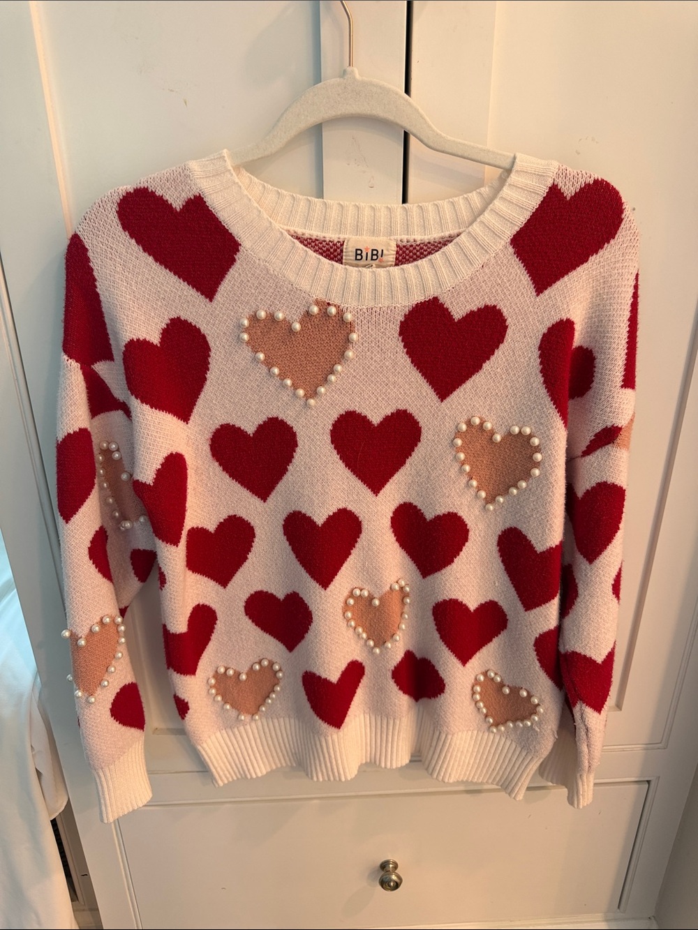 BiBi Pink Sweater with Red and Blush Heart Motif and Pearl Accents